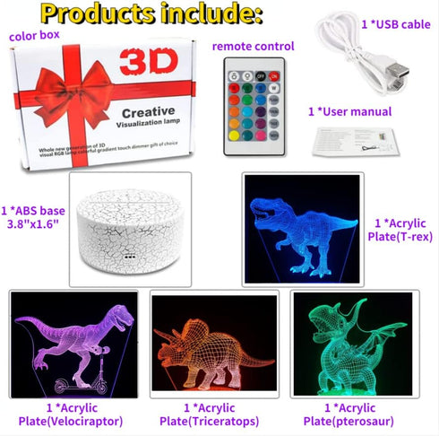QAQWQAQ 3D 4 Dimmable 16 Hologram Dinosaur Night Light, Patterns, Remote/Smart Touch, Color Changing Light, T-Rex