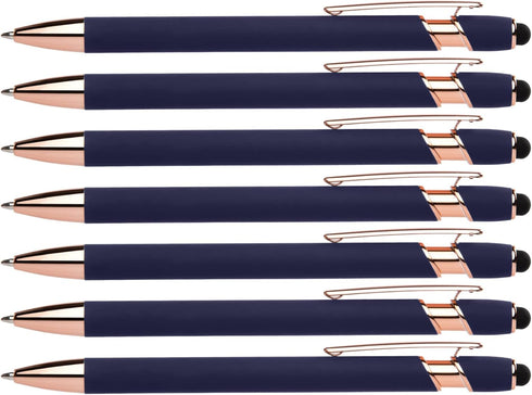 Rose Gold Rubberized Soft Touch Ballpoint Pen with Stylus Tip, Premium Metal Pen, Black Ink, Medium Point (Blue, 7 Pack)
