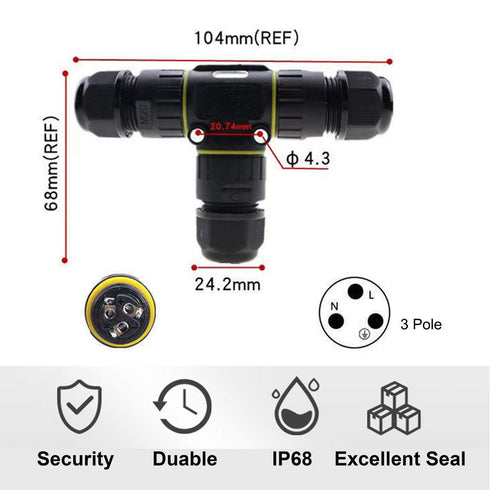 IP68 Waterproof Cable Connector 3-Channel, Outdoor Junction Box Connector for 2 or 3 Pin Cables, Ideal for Lights