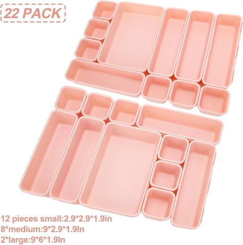 KeFanta 22 Pack Desk Drawer Organizers, Interlocking Storage with 3 Sizes for Office, Bathroom, Pink