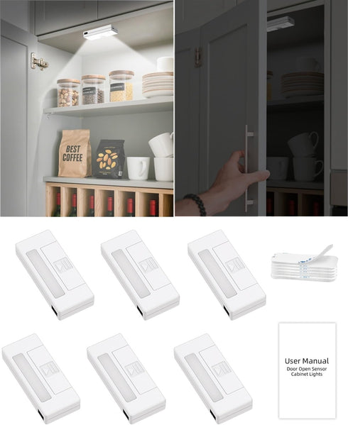 6 Pack Closet Closets Door Open Sensor Cabinet Lights, Cordless LED Cabinet Light, Battery Operated Cupboard Drawer