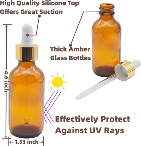 4 PACK 2 oz Dropper Bottle with Funnel, Labels & Long Pipette, 60 ml Amber Glass for Essential Oils