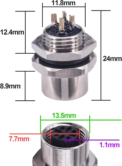 M12 4Pin A Coded Female Straight IP67 Waterproof Rear Bulkhead Panel Receptacles, 5PCS Cable Solder Type Field Assembly