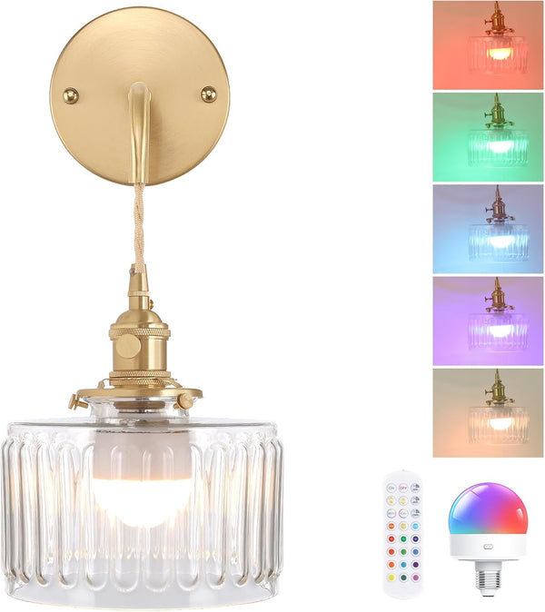 Shenmoyl Battery Operated Wall Sconce with Clear Striped Shade Pattern Glass Adjustable