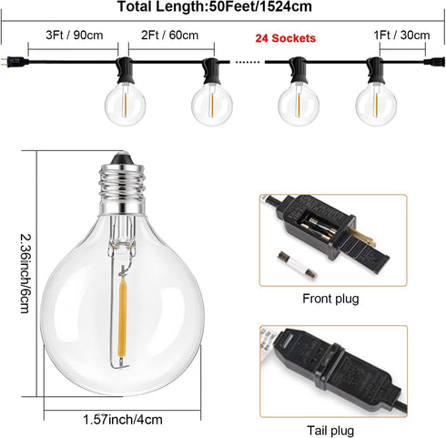 TAICORE G40 Bulbs, (G40 Bulbs, 50FT) Outdoor String Lights with Clear Globe Black Cord, Waterproof LED Edison Filament