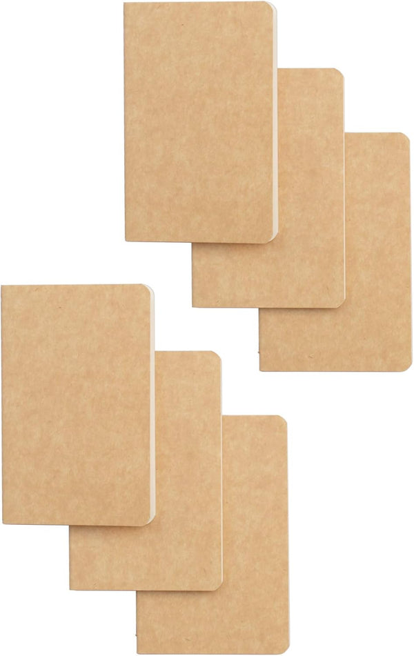 TWONE Pocket Notebook, 6 Pack Mini Notebooks 3.5" x 5.5" Kraft Brown Small Memo Notepad, 30 Sheets, 60 Blank Pages