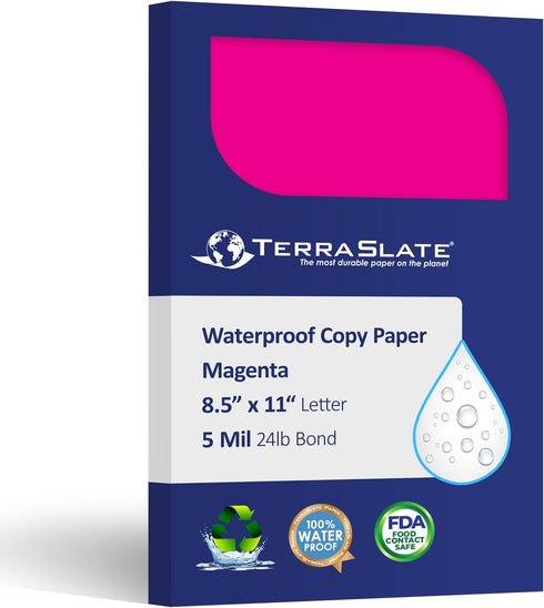 Waterproof Copy Paper, Magenta Pink, 8.5" x 11" Printable Sheets, 25 Sheets, 5 MIL TerraSlate