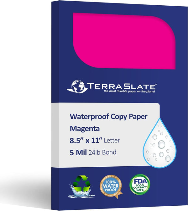 Waterproof Copy Paper, Magenta Pink, 8.5" x 11" Printable Sheets, 25 Sheets, 5 MIL TerraSlate