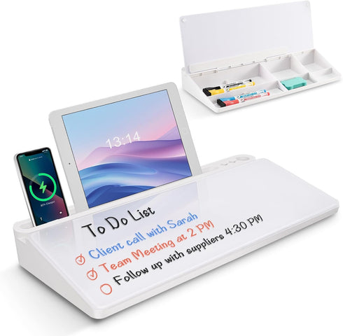 Desktop Glass Whiteboard with Storage, Desk White Board with Computer Keyboard Stand, Drawers for Home, Office