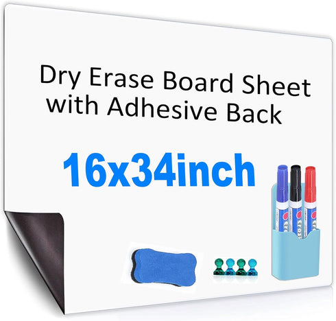 Dry Erase White Board Sheet, 16" x 34", Self-Adhesive for Wall, Fridge, Glass, Magnetic, Includes Markers, Eraser,
