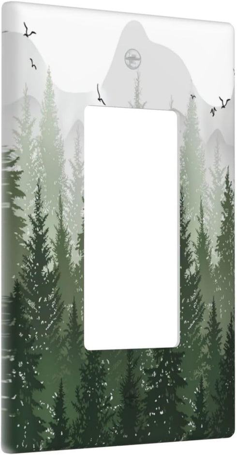 Rustic Green Forest 1 Gang Single Rocker Light Switch Cover Pine Tree Foggy Mountain Landscape Decorative Wall Plate Electrical Switchplate Receptacle Faceplate for Bathroom Bedroom by ukutarly