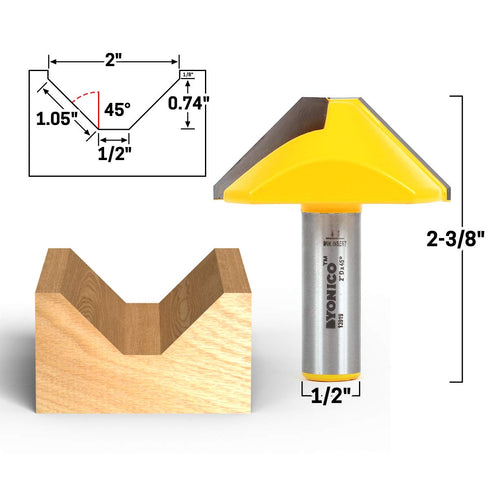 2-Inch 45 1/2-Inch 13919 YONICO V Groove Flat Bottom Router Bit Diameter Degree Shank
