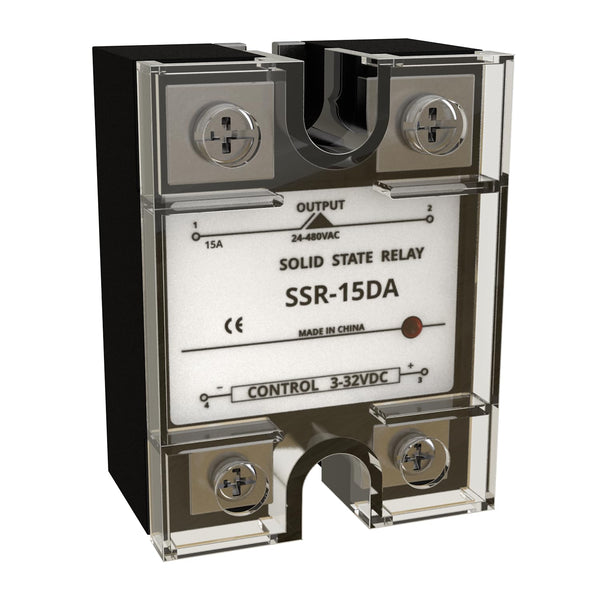 SSR-15DA Solid State Relay DC to AC, Input 3-32VDC to Output 24-480VAC 15A for Industrial Automation