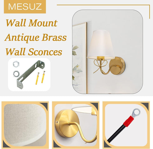 1 Pack, E26 110V Antique Brass Wall Sconces Bow Sconces Decor Gold Wall Lights Brass Brushed Gold Sconce with Fabric