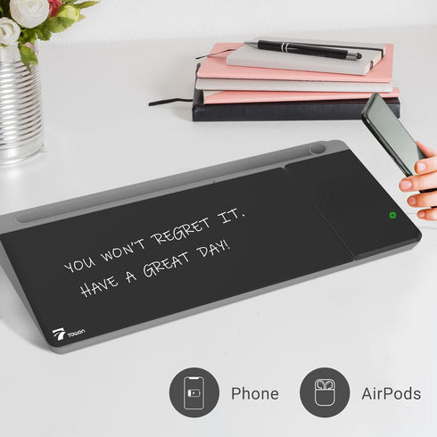 TOWON Black Desk Dry Erase Board with Charger Pad, Small Glass Desktop Whiteboard for Home Office Supply, 17 x 6 in