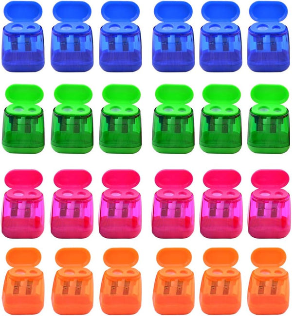 AUSTARK 24Pcs Dual Hole Manual Pencil Sharpener, Assorted Color with Lid for School Office Home (Geometry-24)