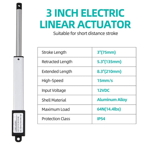NORJIN 12V Mini Electric Linear Actuator - 3" Stroke, 64N/14lbs, Speed 15mm/s, for Sofa, TV, Table, Home Automation