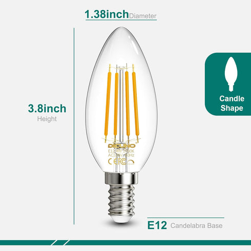 E12 Bulb 60 2700K, 4W E12 Bulb Dimmable, 550lm, Pack 6 DiCUNO Candelabra Watt Equivalent, Warm White LED Type B LED