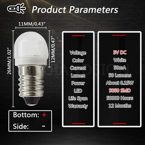 Ruiandsion 4pcs E10 LED Bulb 3V 0.6W 5050 1SMD White 6000K Upgrade for Lamps Flashlights Torch Light
