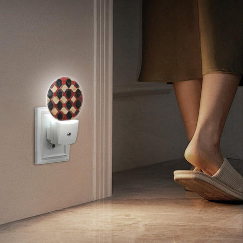 LED Night Lights Lamp with Dusk to Dawn Sensor, Vintage Floor Tiles in Black, Red and Beige Night Light Plug Into Wall