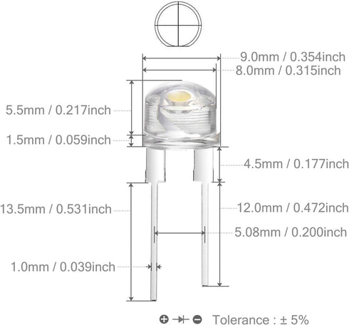 CHANZON 50 pcs 8mm White LED Diode Lights (Straw Hat Clear Transparent DC 3V 250mA) for Electronics Components