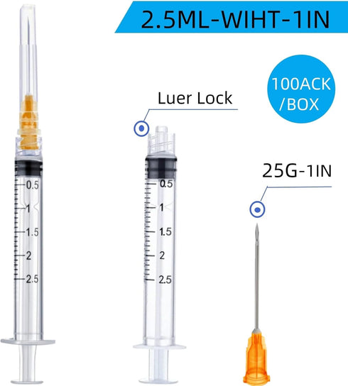 Exlavges 100 Pack 2.5ml/cc 25Ga 1 Inch Packed Disposable Lab Syringes with Needle Luer Lock, Individually Sealed