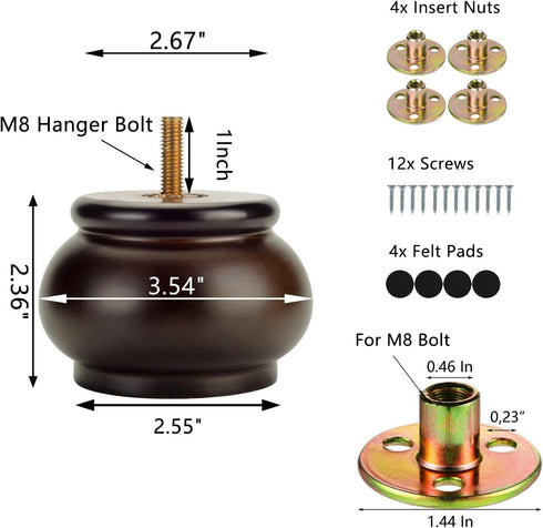 2 Inch M8 Set 4 2.36 In/6CM) Maricome Round Furniture Feet Predrilled Bolt Screw in of Mid Century Replacement Bun Feet