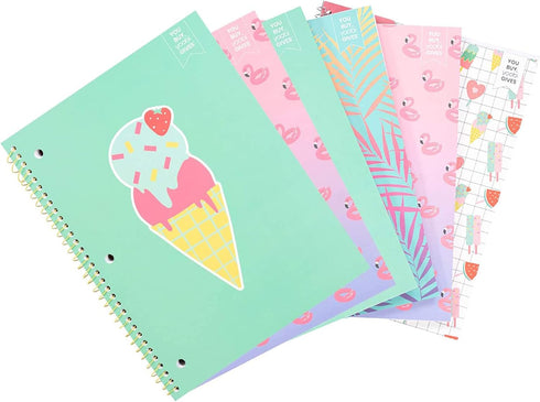 Yoobi College Ruled Spiral Notebook Set, 6-Pack, 1 Subject Notebooks, Ice Cream, Palm Leaves & Flamingo Designs