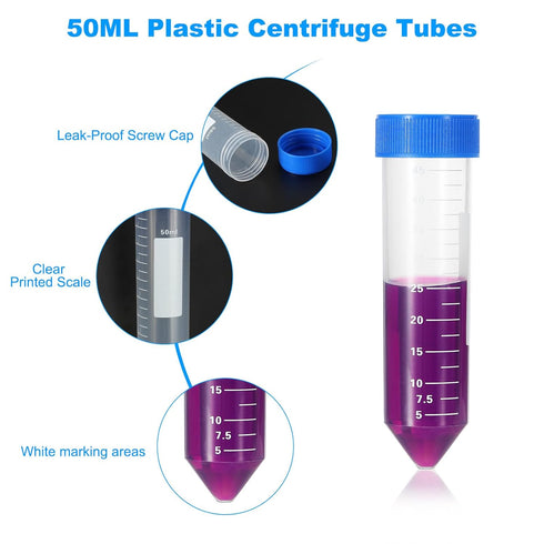 PATIKIL 50ML Plastic Centrifuge Tubes, 100 Pcs Leak-Proof Test Tube Container with Blue Screw Caps