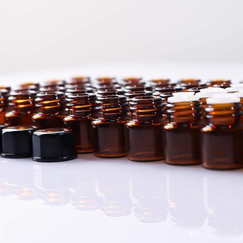 50 Pack 1ml Amber Mini Glass Essential Oils Sample Bottles with Black Caps for Oils, Perfumes & Lab Chemicals