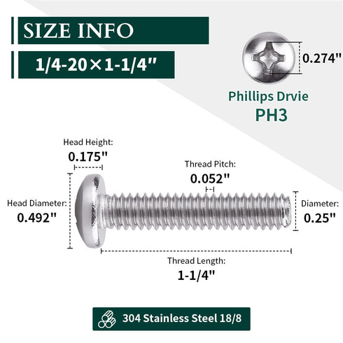 1/4-20 x 1-1/4" Pan Head Machine Screw, 304 Stainless Steel, 25 Pcs