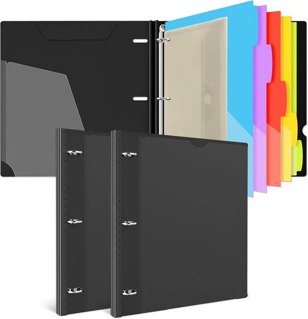 Telescoping Project Organizer Binder - 2PCS, 13 Pocket 3-Ring Binder with Customizable Cover, Black