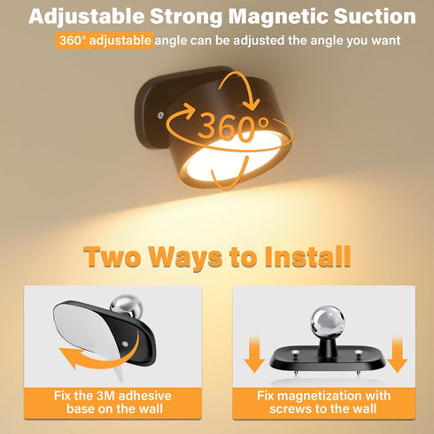Remote,3 Dimmable 360 Reading,Bedroom,Closet,2 Pack LED Wall Mounted Lights,Rechargeable Battery Operated Wall Sconce
