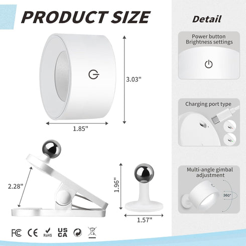 3 360 Dimmable (1 Pack, Adetu LED Wall Mounted Lights, Rechargeable Wall Sconces Lamp, Color Temperatures & Remote