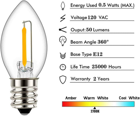 Tsunetani -C7 Bulbs 0.5W 5 E12 2700K 50Lumens 3Pack Edison LED Filament Mini Night Light Replacement Equivalent to Watt