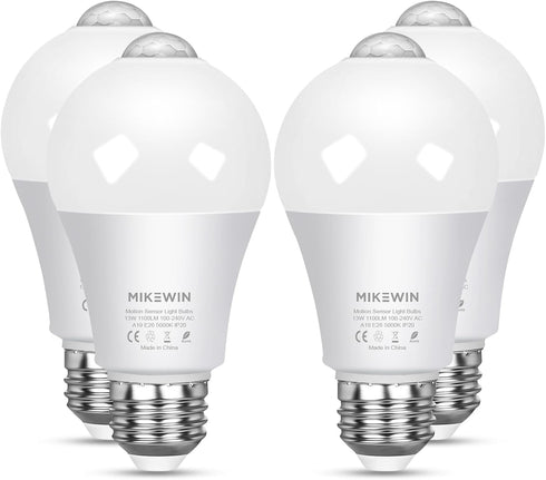 MikeWin Motion Sensor Light Bulbs, Outdoor 4 Packs, 13W (100W Equivalent) Security LED Bulb, E26, A19, 5000K Daylight