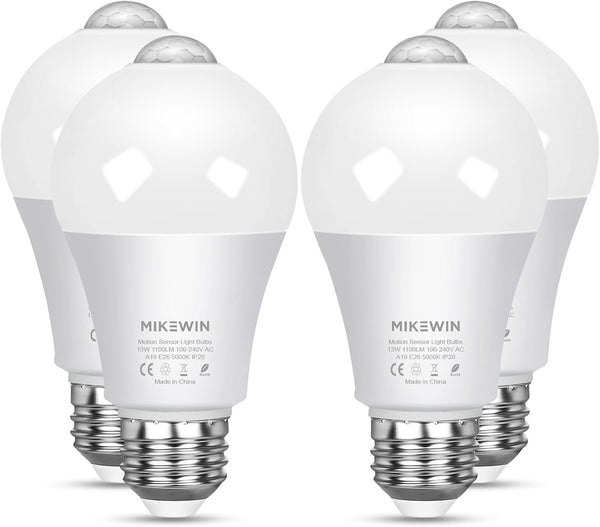 MikeWin Motion Sensor Light Bulbs, Outdoor 4 Packs, 13W (100W Equivalent) Security LED Bulb, E26, A19, 5000K Daylight