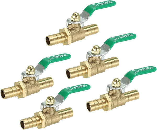 uxcell 1/2" Ball Valve, Brass Shut-off Valve Switch, Hose Barb Pipe Tube Fittings, 90 Degree Green Operation Handle, 5