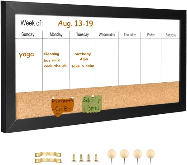 Magnetic Weekly Dry Erase White Board and Cork Board, Black Wood Frame, Magnetic Surface Whiteboard for Home