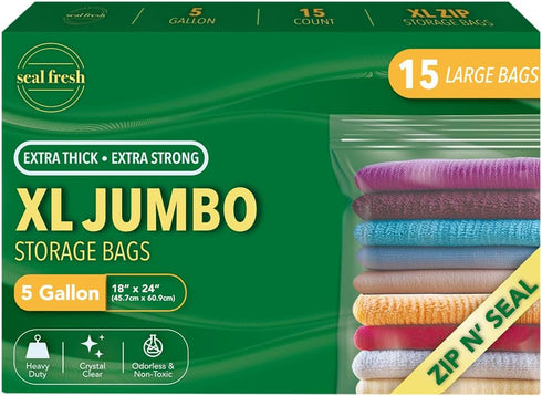 Seal Fresh 5 Gallon Large Plastic Storage Bags 18" x 24" (15