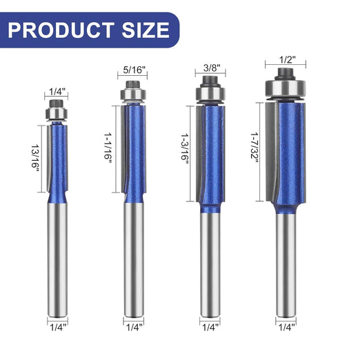 UTRUSTTO 1/4 Inch Set, 13/16", 1-1/16", 1-3/16", 1-7/32". Professional Straight Flush Trim Router Bits Shank, Top