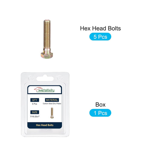 Hex Bolts (7/16-20x1") 5Pcs, Carbon Steel Zinc Plated Fully Threaded Hex Head Screw Bolt for Furniture Repair