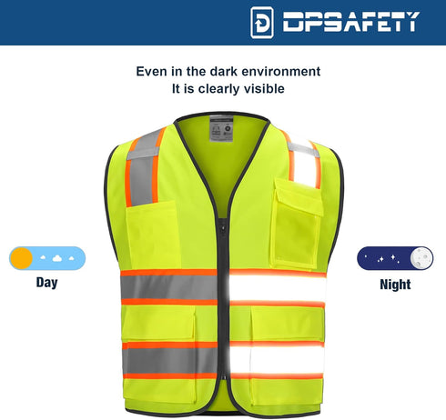 9 Pockets High Visibility Class 2 Safety Vest, Hi Vis Vest with 2 Inch Wide Reflective Strips, Zipper Construction Work