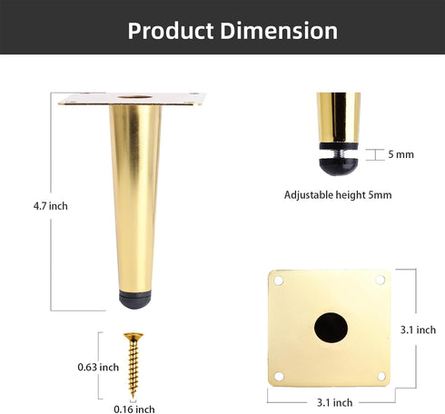 Anterrific 4.7 Inch Set 4, 4.7 inch) Tapered Gold Furniture Legs, Metal Legs for Furniture of DIY Replacement for Sofa