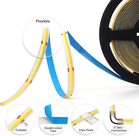 9W/m 16.4FT DC12V 3000K 90+ 8mm Dimmable BTF-LIGHTING FCOB COB LED Strip Flexible High Density Uniform Light Warm White
