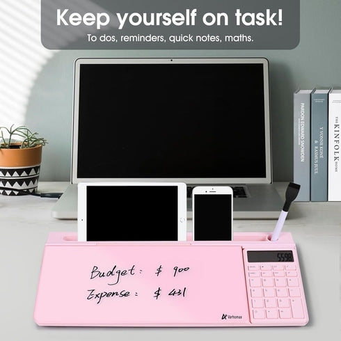 Varhomax Glass Desk Whiteboard Pink with Calculator, Desktop Dry Erase Board with Storage for Home and Office