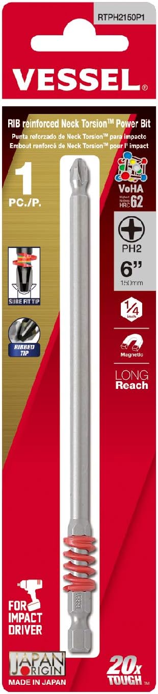 VESSEL RIB Reinforced Neck Torsion Power Bits, PH2X150 1PC (Carded)