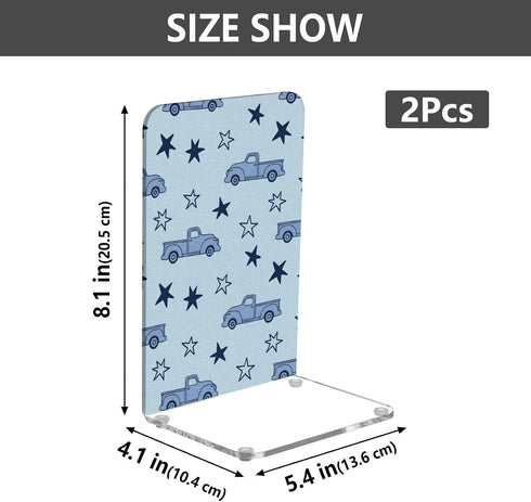 J JOYSAY Trucks Stars Blue Pattern Acrylic Bookends L Shaped Decorative Book Holders Stopper with Non Slip Pads