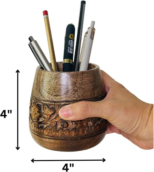 Mie Creations Designer Pencil Holder for Desk, Wooden Paintbrush Cup, Cute Makeup Brush Organizer, Brown