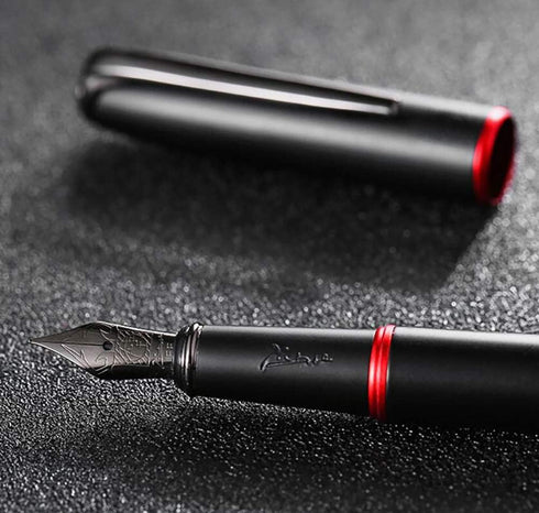 Picasso 916 Matte Black & Red Ring Fountain Pen with Box, Titanium Gray Extra Fine Nib